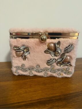 Embellished Pink Faux Fur Evening Clutch with Gold-Tone Frame